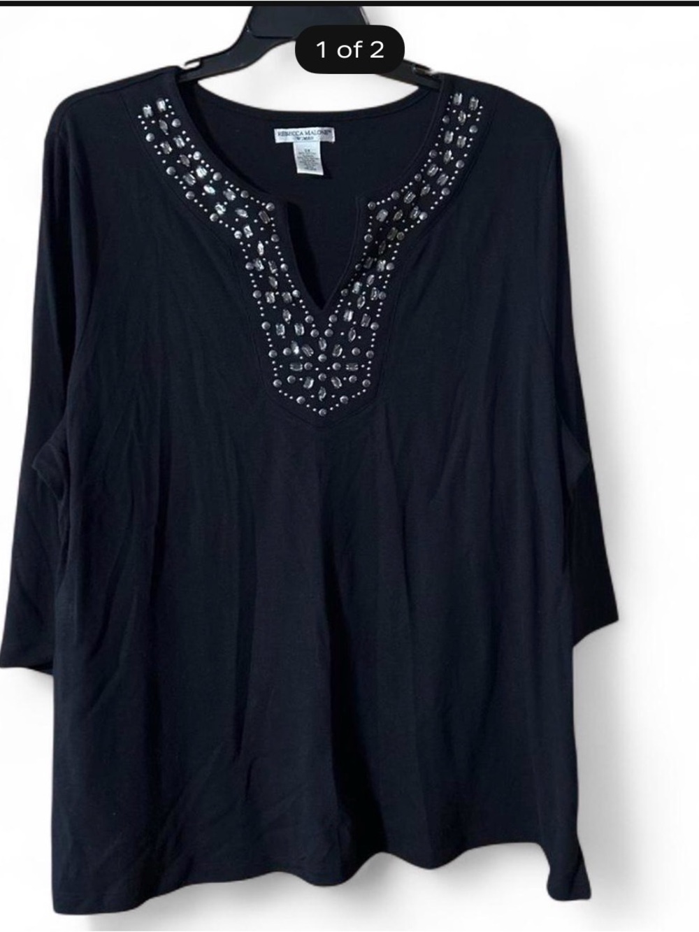 Rebecca Malone Black V-Neck Tunic with Beaded Neckline